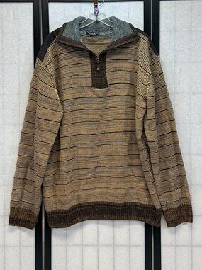Pronti Phita Mock Neck Quarter Zip Stripe Sweater Suede Shoulder 4XL Brown Tan